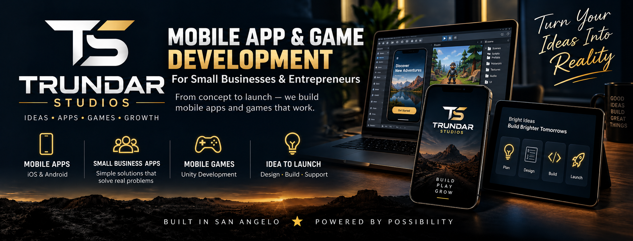Trundar Studios banner: mobile app and game development, from concept to launch, built in San Angelo.